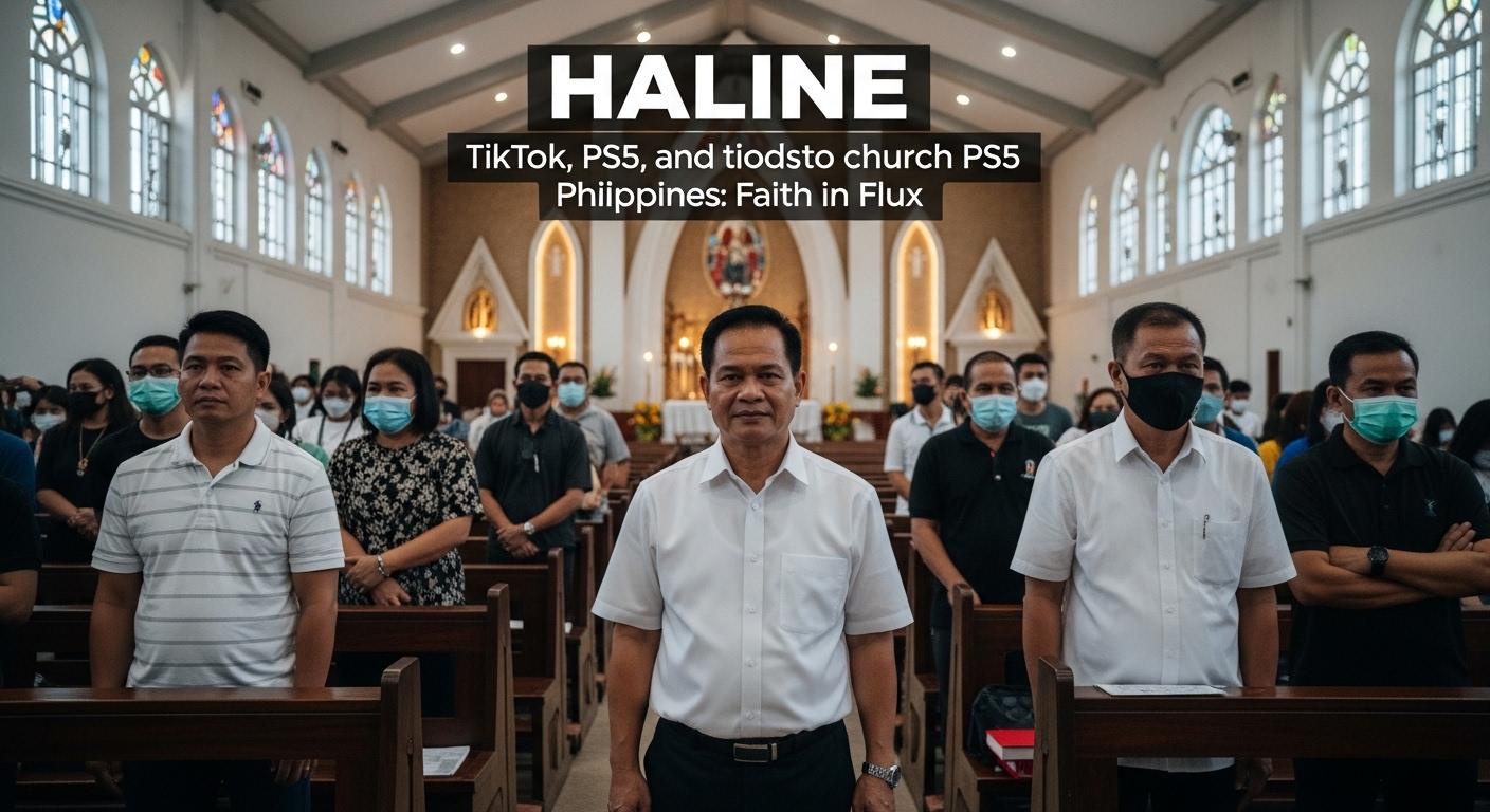 TikTok app on a phone beside a PS5 with a church building in the background, symbolizing digital faith in the Philippine