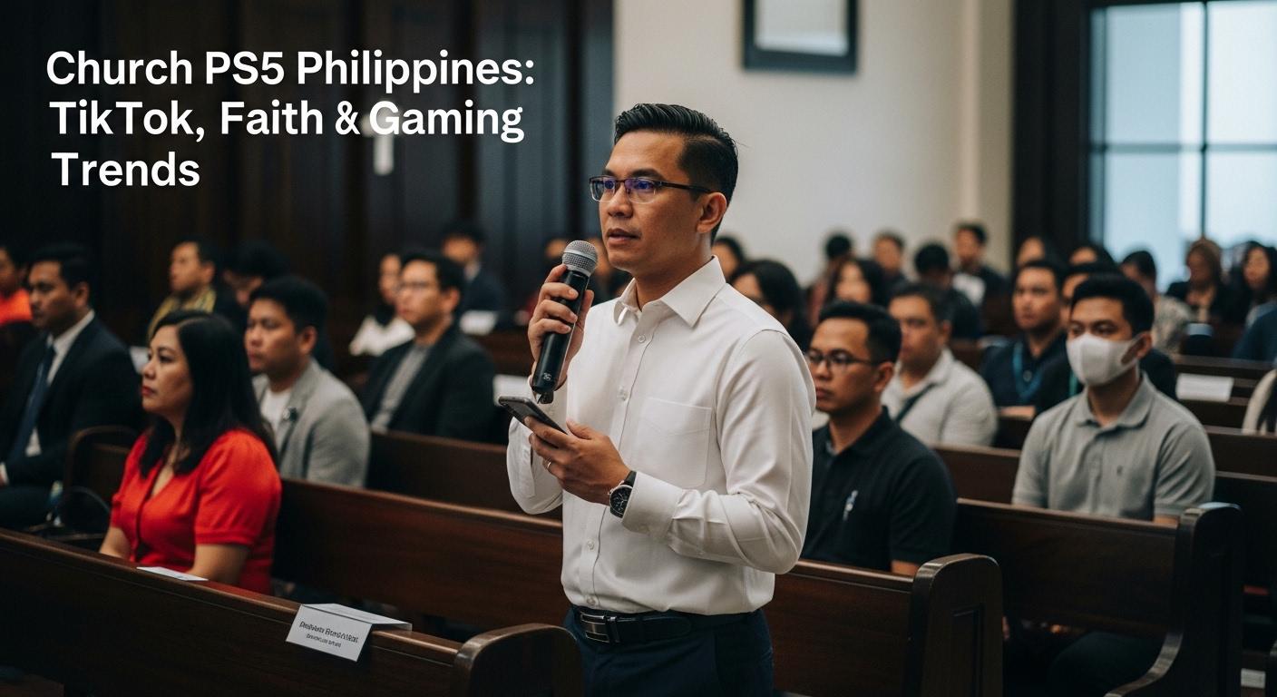 Newsroom scene showing a PS5 beside a church gathering, illustrating the intersection of gaming culture and faith in the