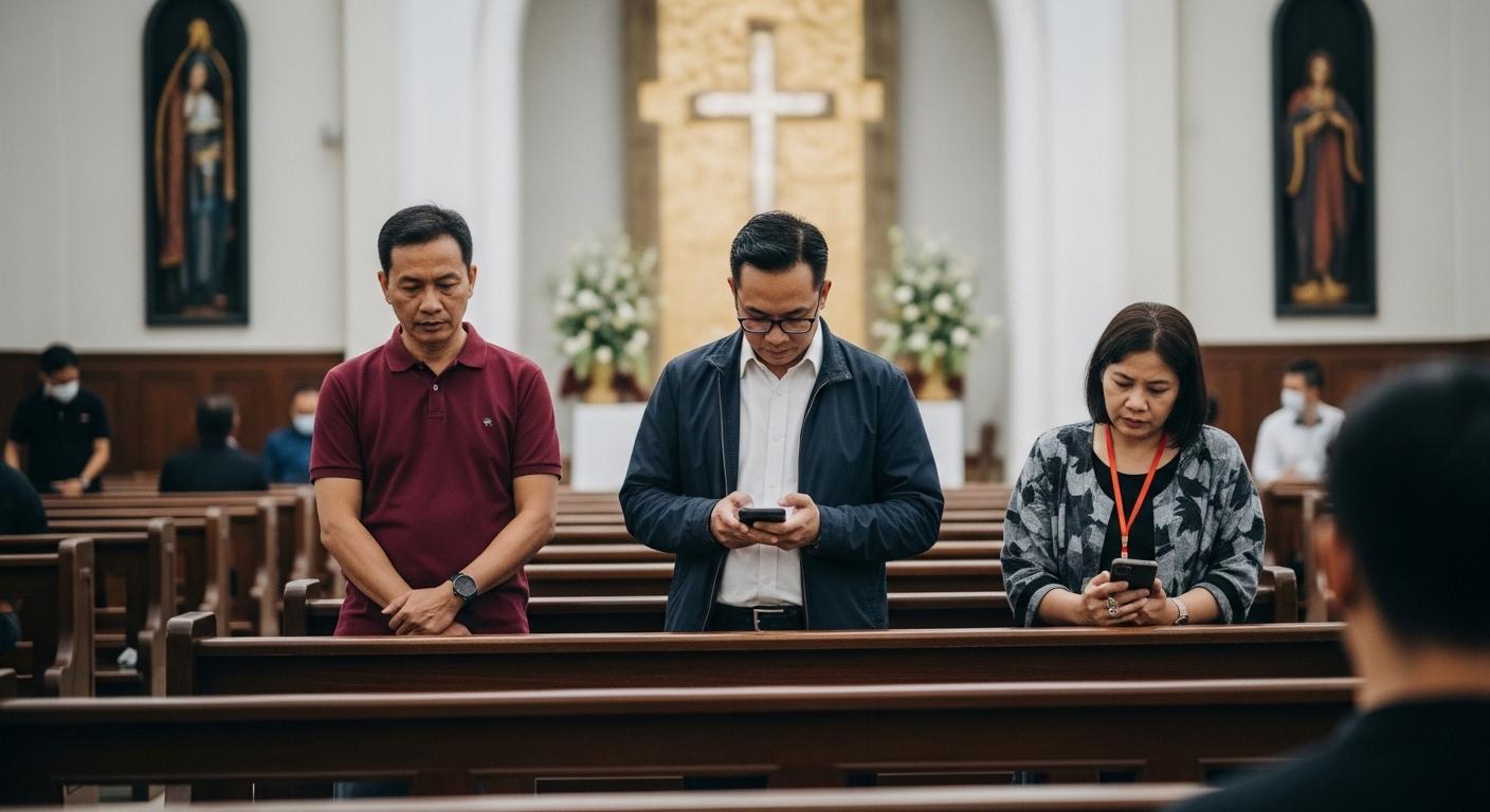 Newsroom scene showing a PS5 beside a church gathering, illustrating the intersection of gaming culture and faith in the