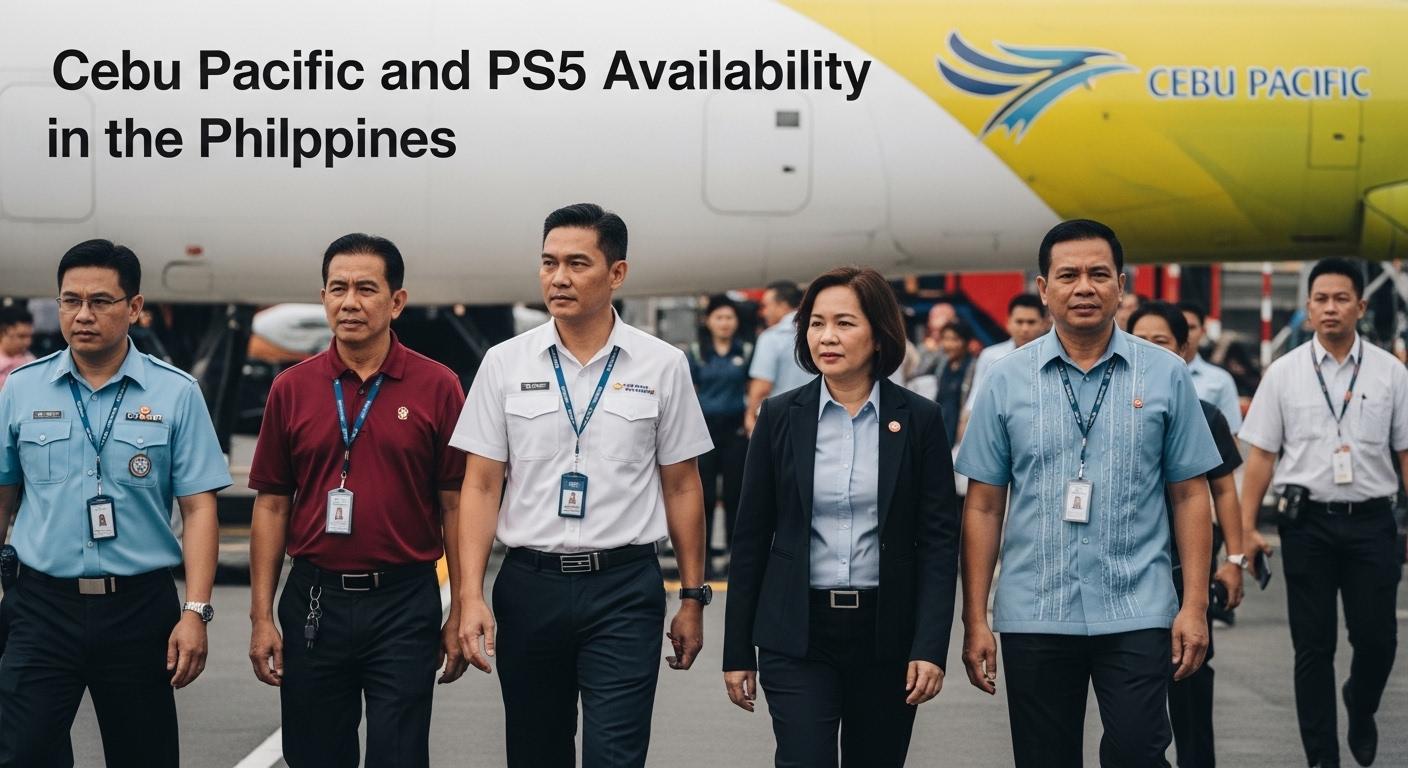 Editorial composition showing a PS5 console with travel imagery and a Cebu Pacific silhouette to reflect logistics aroun